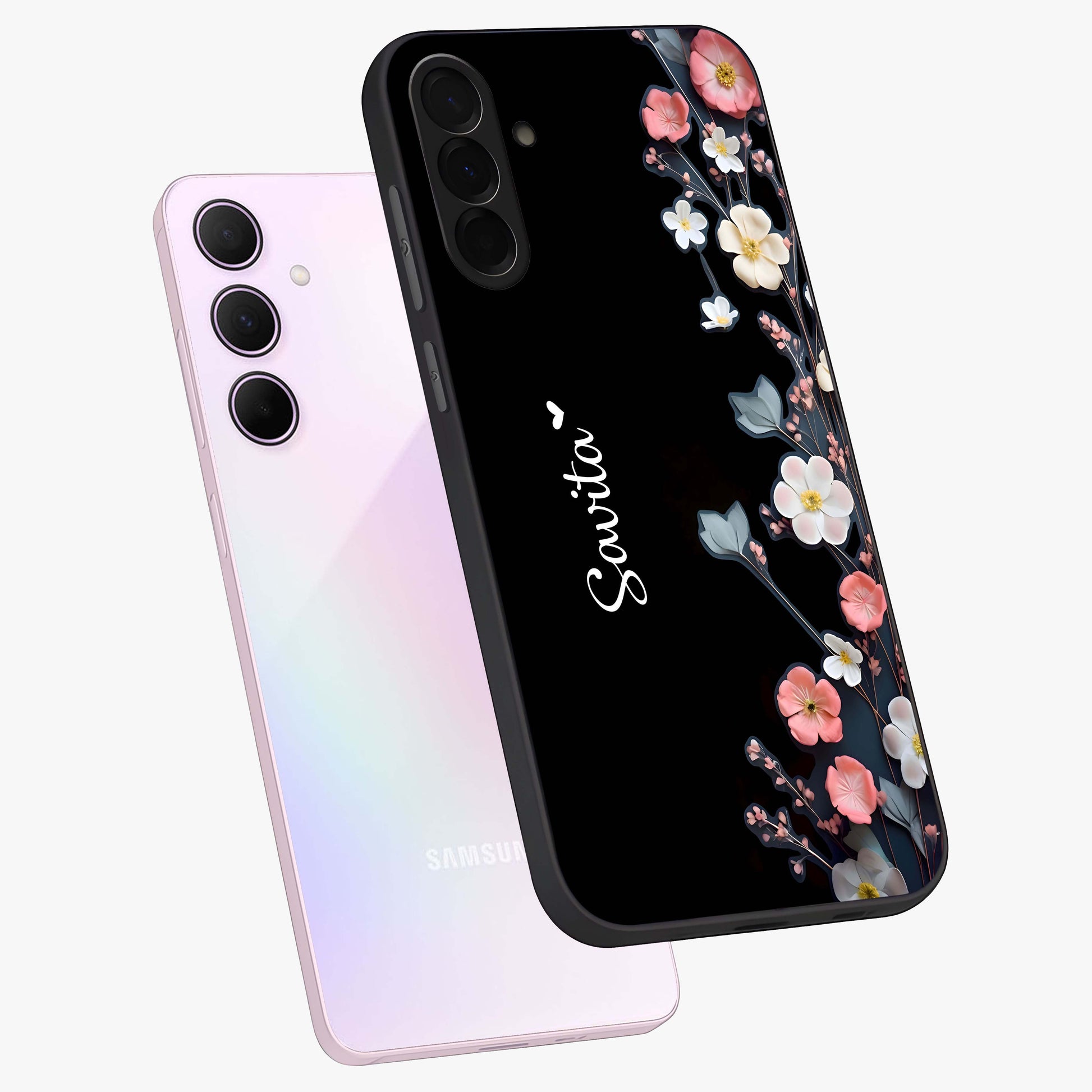 Black Elegance Floral Custom Name Glass Case displayed in angled mockup highlighting dark floral aesthetic and custom name feature.