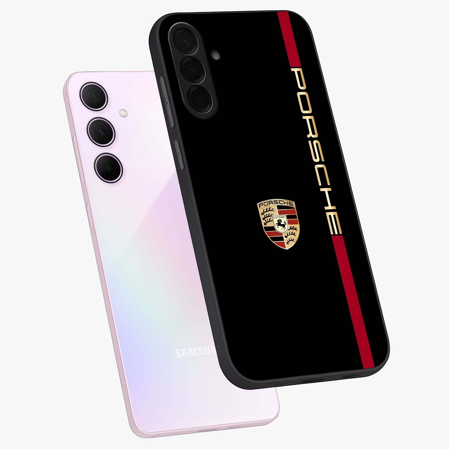 Black Minimal Porsche Glass Case displayed in angled mockup highlighting modern minimal car illustration and clean aesthetic design.