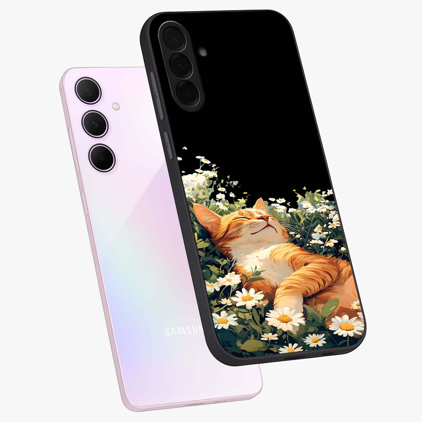 Blissful Bloom Cat Glass Case displayed in angled mockup highlighting playful feline illustration with soft floral aesthetic.