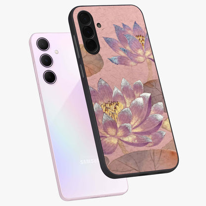 Blossom Mist Lotus Glass Case displayed in angled mockup highlighting delicate lotus illustration with calm aesthetic theme.