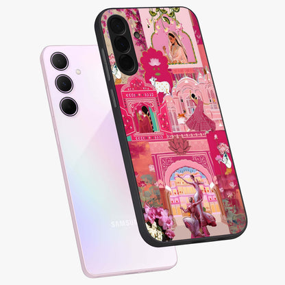 Blossoms of Rajasthan Glass Case displayed in angled mockup highlighting vibrant floral pattern with cultural aesthetic style.
