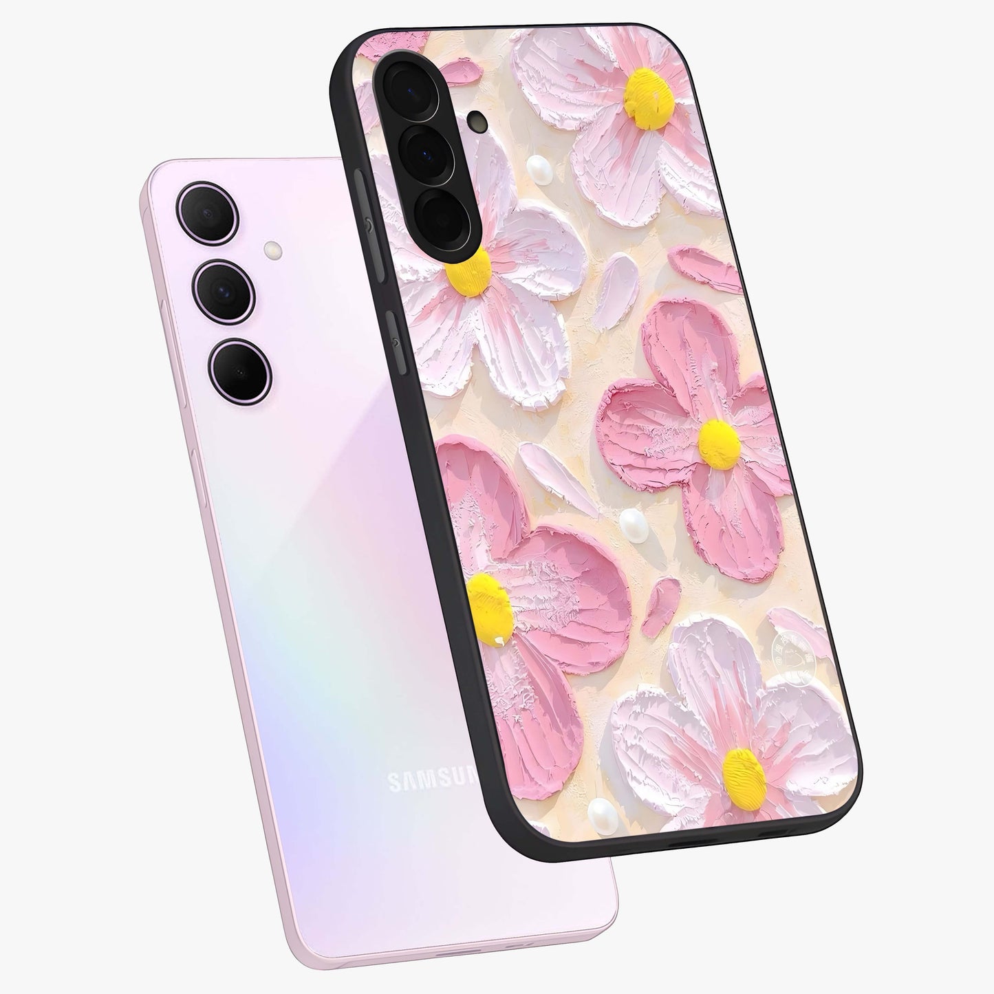 Blush Bloom Texture Glass Case displayed in angled mockup highlighting subtle bloom pattern with aesthetic pastel design.