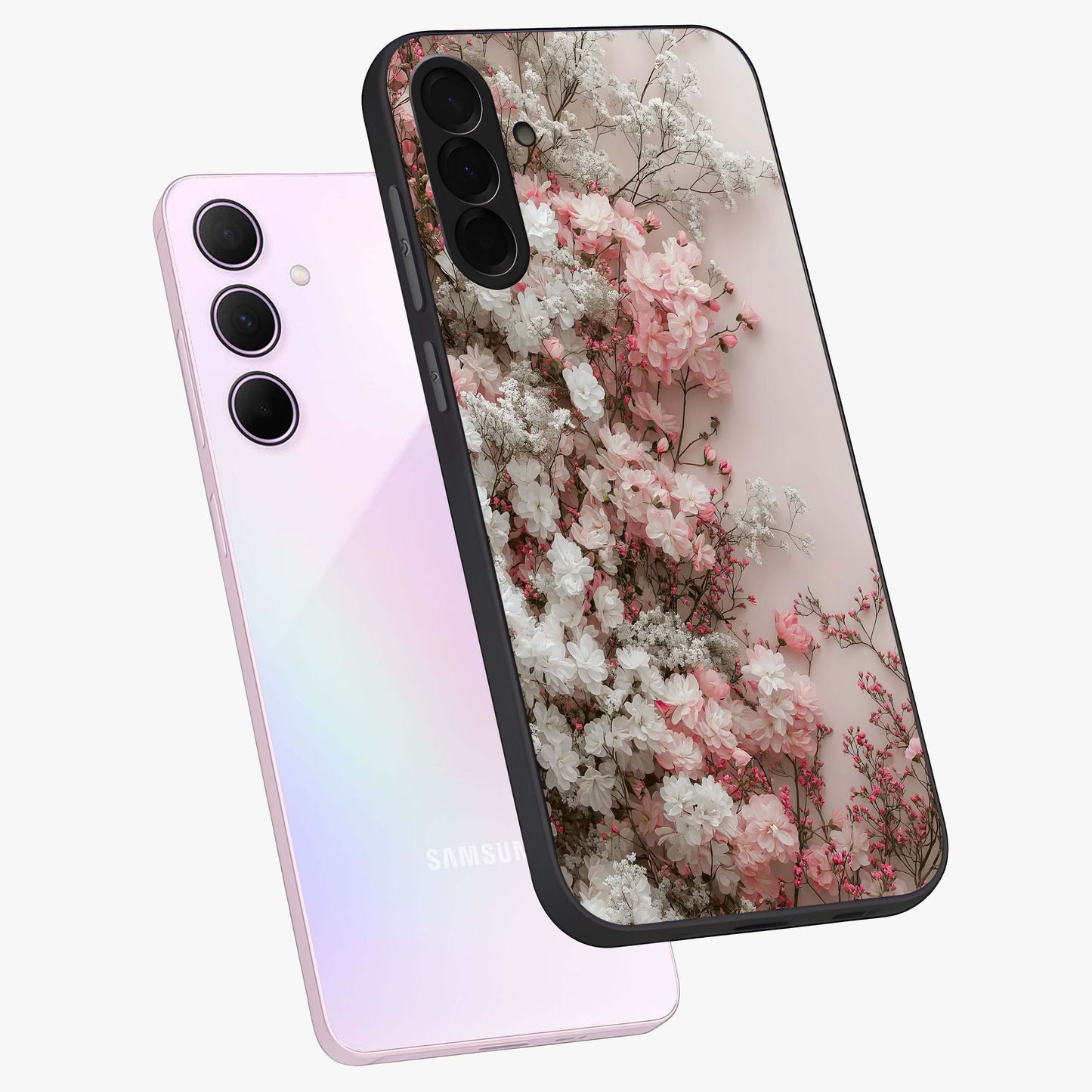 Blush Blossom Cloud Glass Case displayed in angled mockup highlighting soft cloud and blossom design with pastel aesthetic.