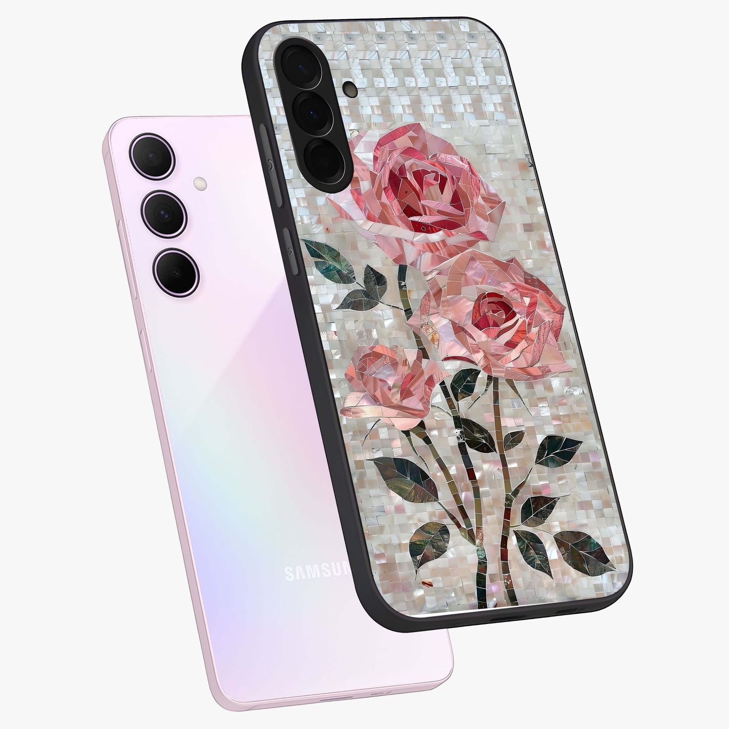 Blush Mosaic Bloom Glass Case displayed in angled mockup highlighting artistic mosaic flower pattern with aesthetic design.