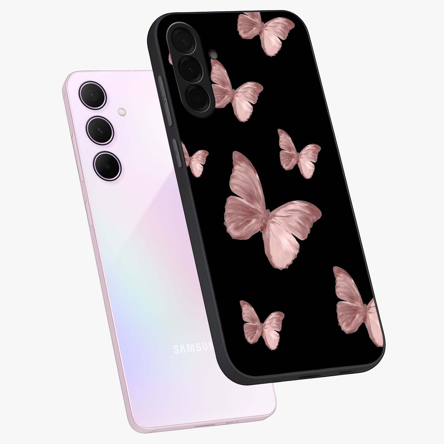 Butterfly Pattern Glass Case displayed in angled mockup highlighting delicate butterfly design and aesthetic pattern style.