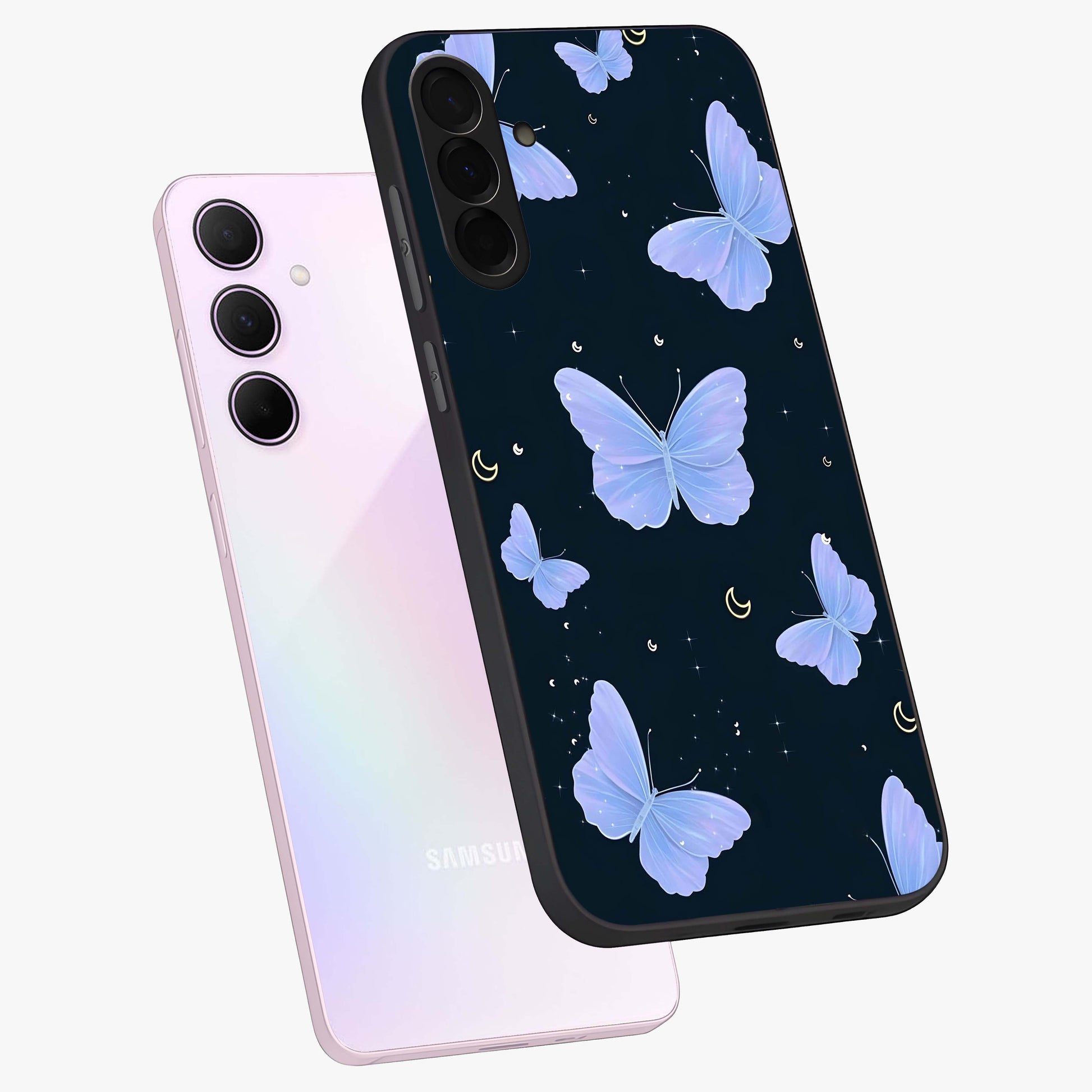 Butterfly With Stars Pattern Glass Case displayed in angled mockup highlighting dreamy butterfly and star design with aesthetic theme.