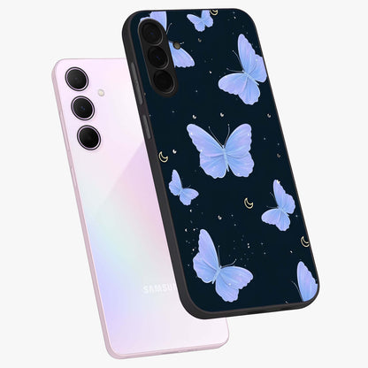 Butterfly With Stars Pattern Glass Case displayed in angled mockup highlighting dreamy butterfly and star design with aesthetic theme.