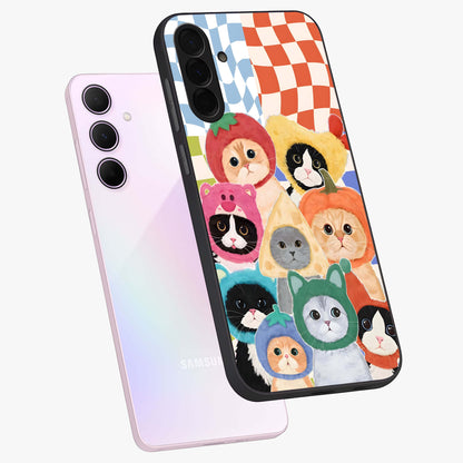 Cats in Fruits Glass Case displayed in angled mockup highlighting cute feline fruit design with colorful aesthetic style.