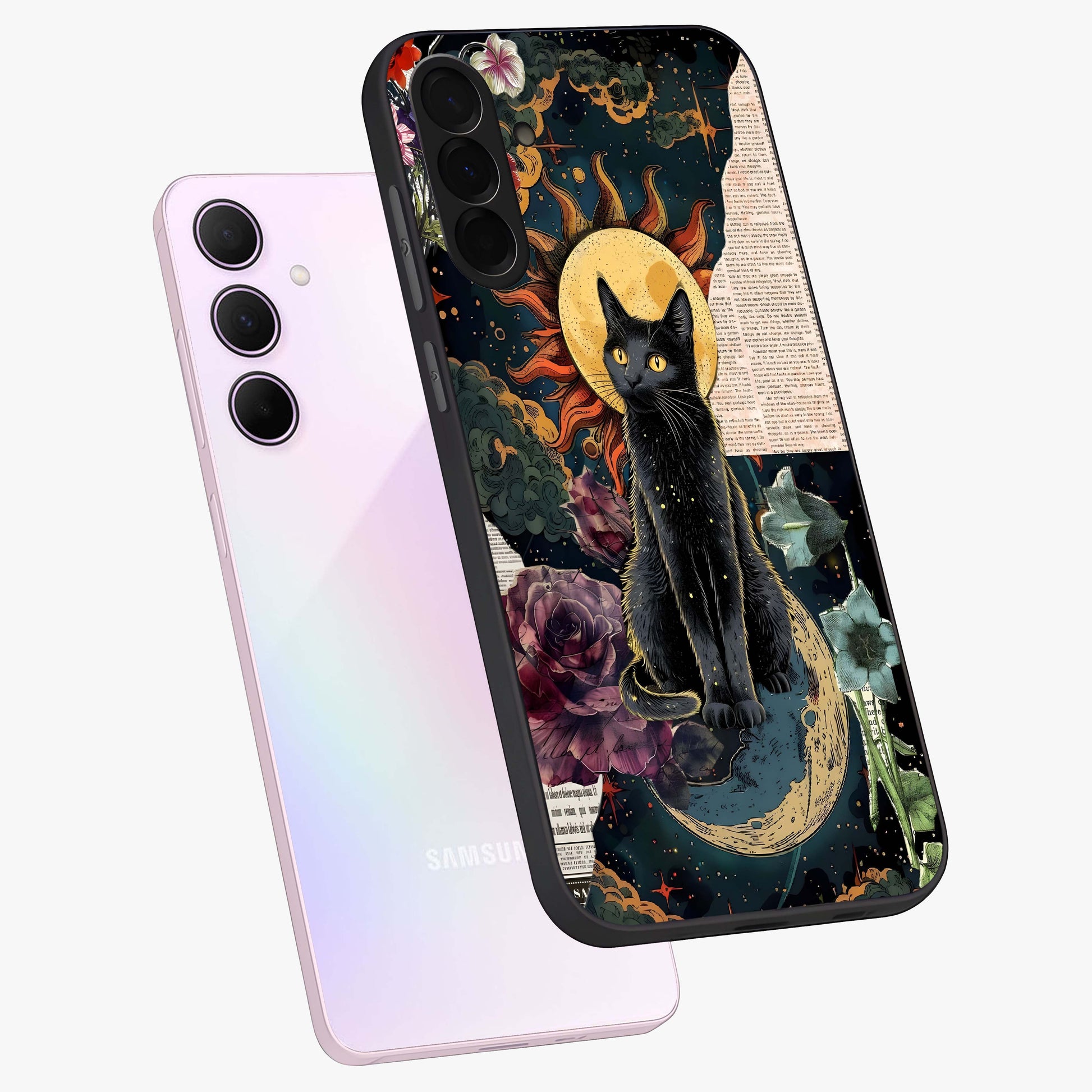 Celestial Black Cat Glass Case displayed in angled mockup highlighting cosmic black cat design with celestial aesthetic.