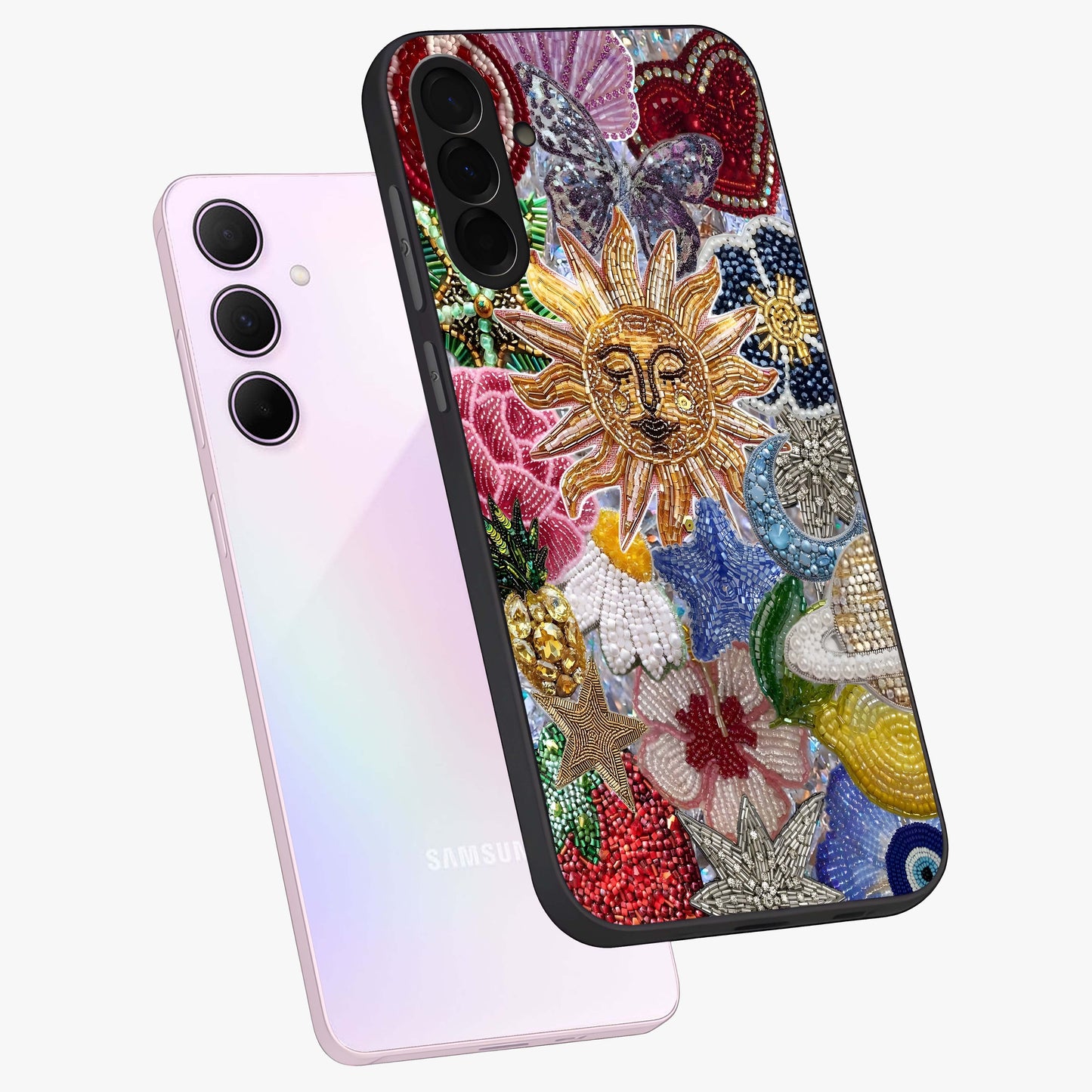 Celestial Floral and Playful Glass Case displayed in angled mockup highlighting playful floral design with dreamy celestial elements.