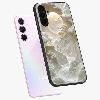 Celestial Origami Glass Case displayed in angled mockup highlighting geometric origami design with cosmic aesthetic theme.
