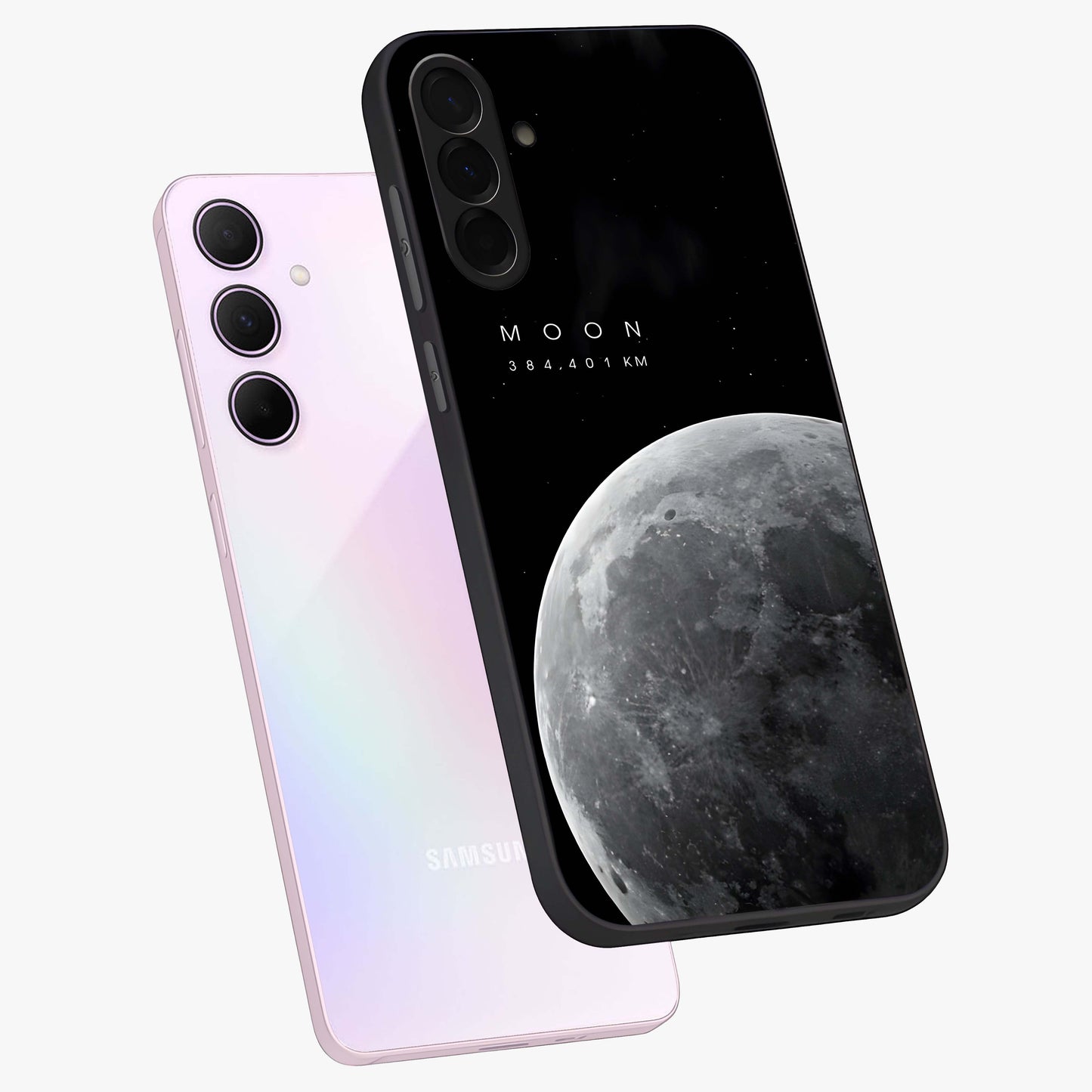 Cosmic Moon Glow Glass Case displayed in angled mockup highlighting celestial moon design with cosmic aesthetic theme.
