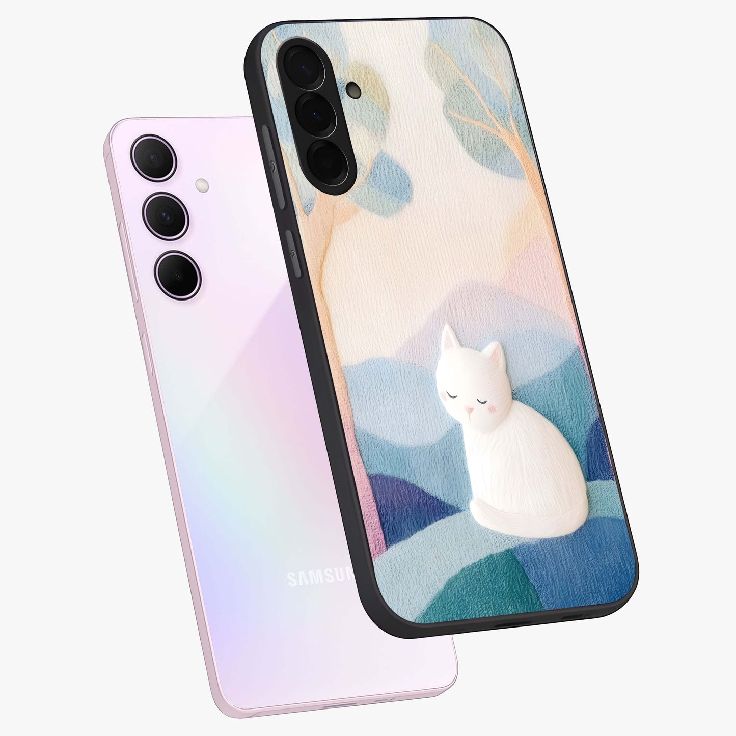 Cotton Dream Cat Glass Case displayed in angled mockup highlighting cute feline illustration with pastel aesthetic style.