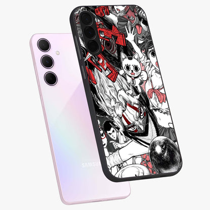Crimson Chaos Panel Glass Case displayed in angled mockup highlighting chaotic panel style design with modern graphic theme.