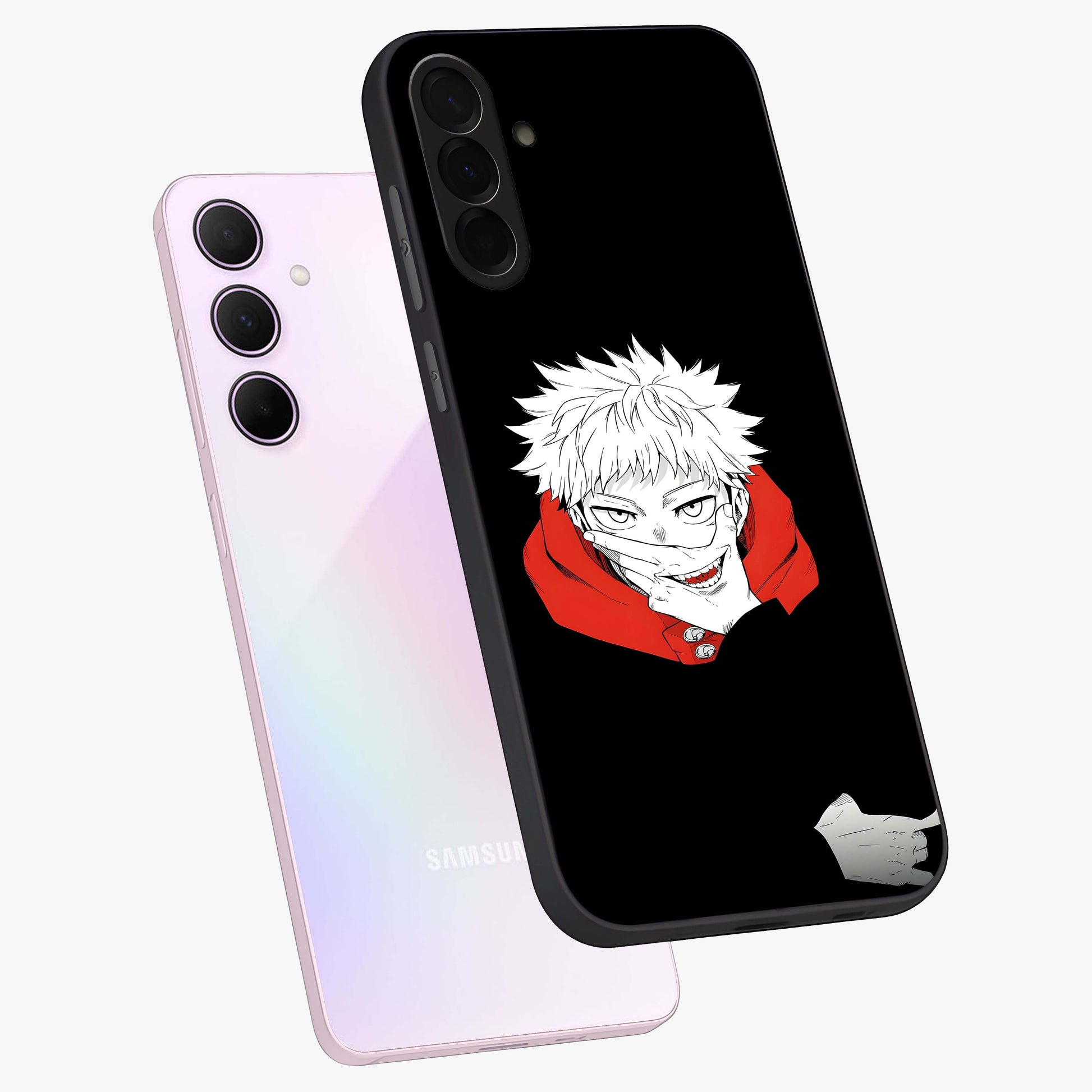 Crimson Chaos Smile Glass Case displayed in angled mockup highlighting edgy crimson smile design with graphic aesthetic.