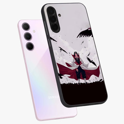Crimson Crow Ascension Glass Case displayed in angled mockup highlighting powerful crow illustration with dark crimson aesthetic.