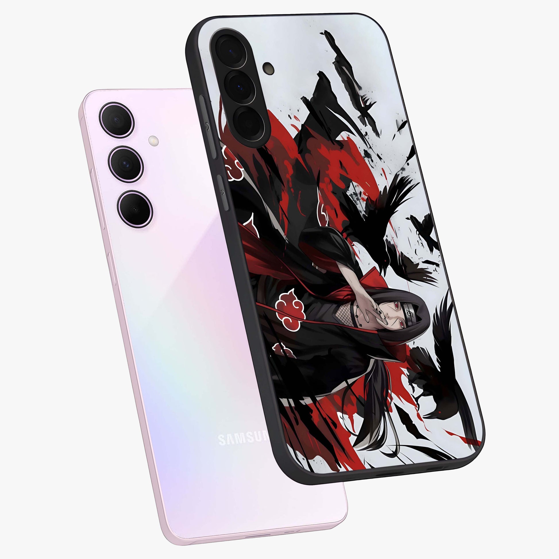 Crimson Crow Illusion Glass Case displayed in angled mockup highlighting mysterious crow graphic with dark aesthetic style.