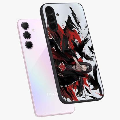 Crimson Crow Illusion Glass Case displayed in angled mockup highlighting mysterious crow graphic with dark aesthetic style.