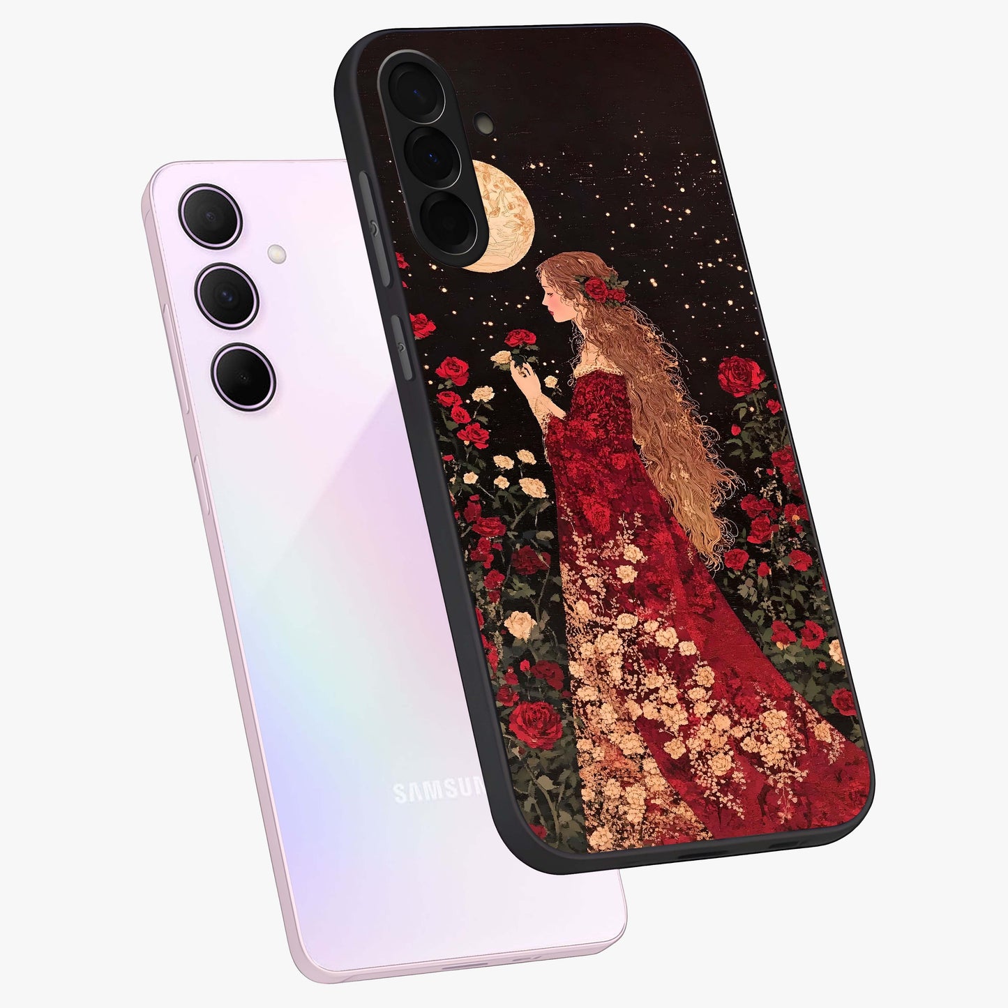Crimson Dreams Glass Case displayed in angled mockup highlighting soft crimson aesthetic design with artistic theme.