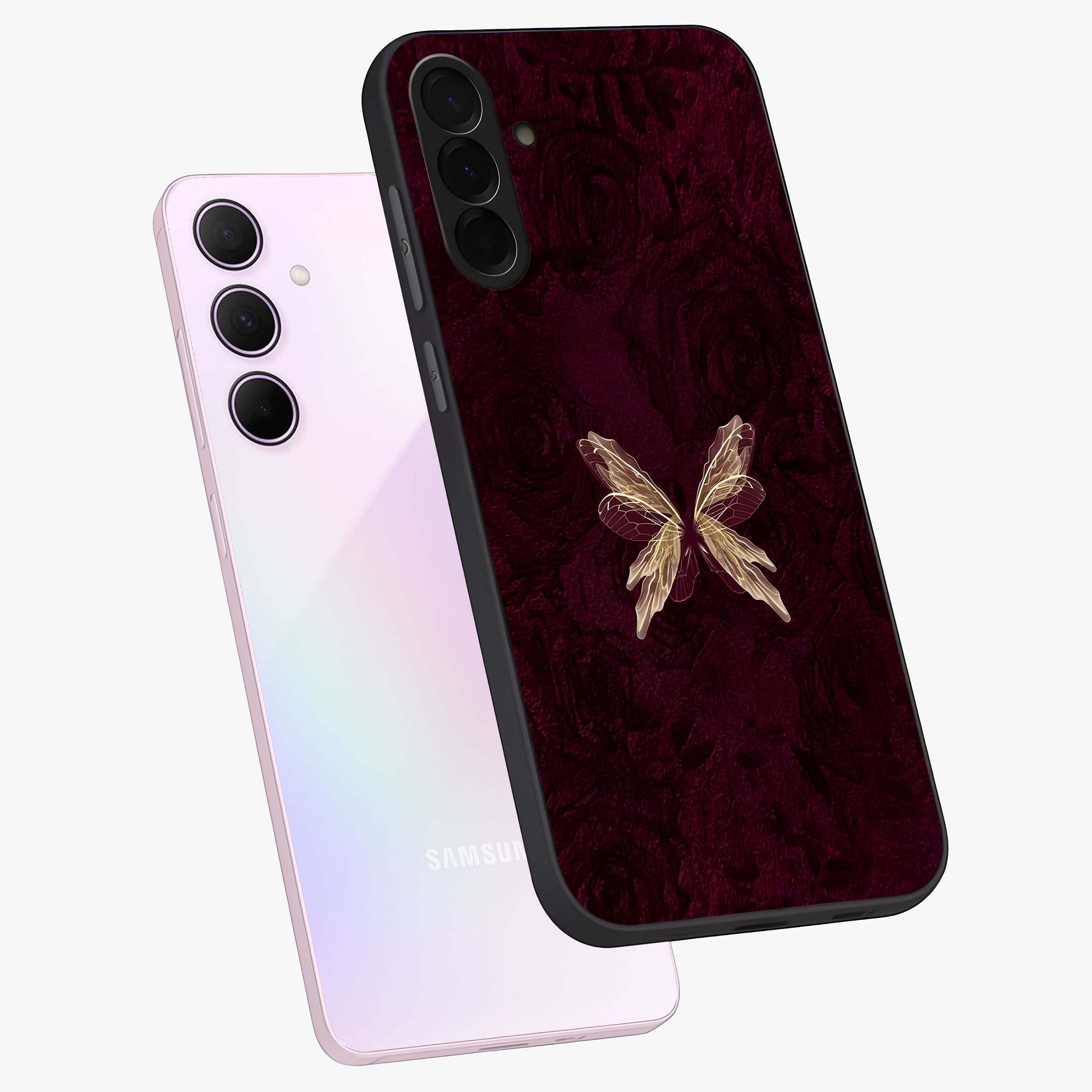 Crimson Fade Butterfly Glass Case displayed in angled mockup highlighting elegant butterfly design with crimson gradient aesthetic.