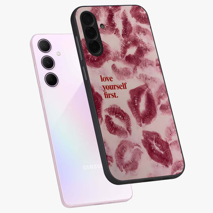 Crimson Kiss Love Glass Case displayed in angled mockup highlighting bold love inspired design with modern aesthetic style.
