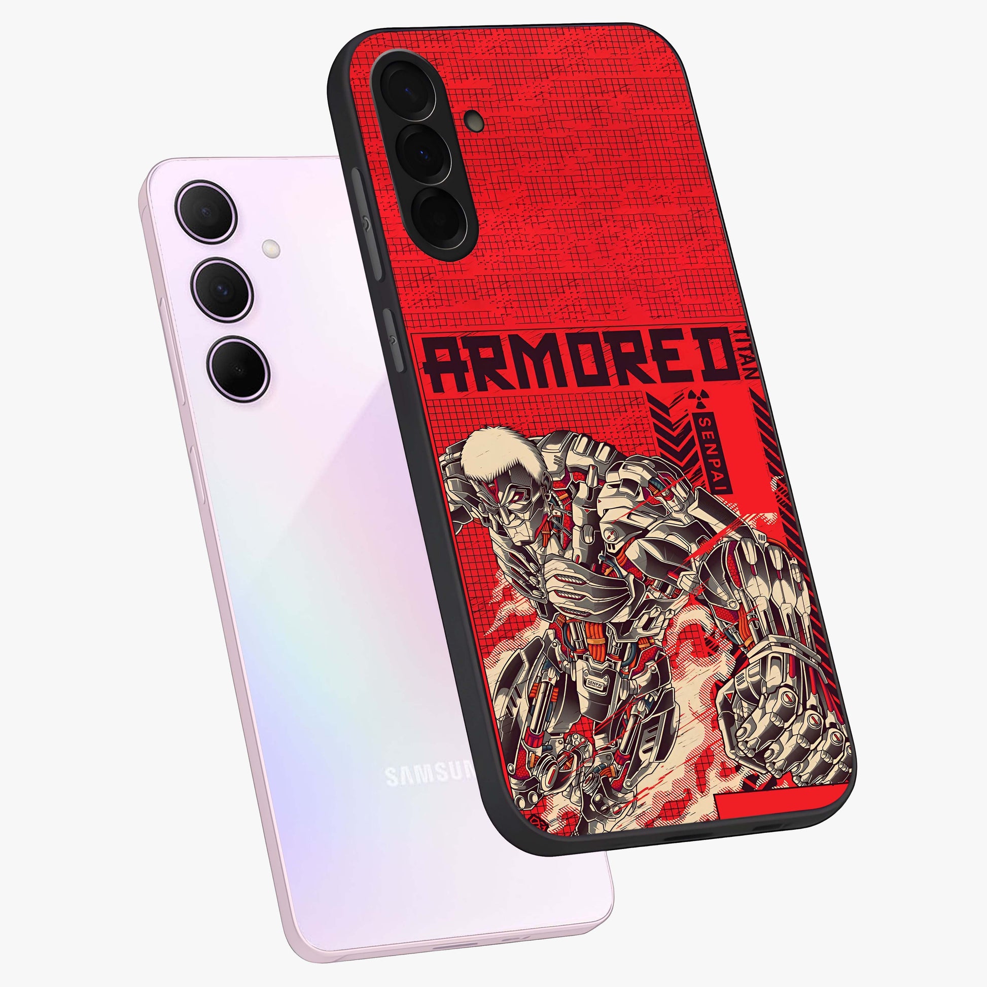 Crimson Mecha Titan Glass Case displayed in angled mockup highlighting futuristic mech illustration with bold crimson aesthetic.