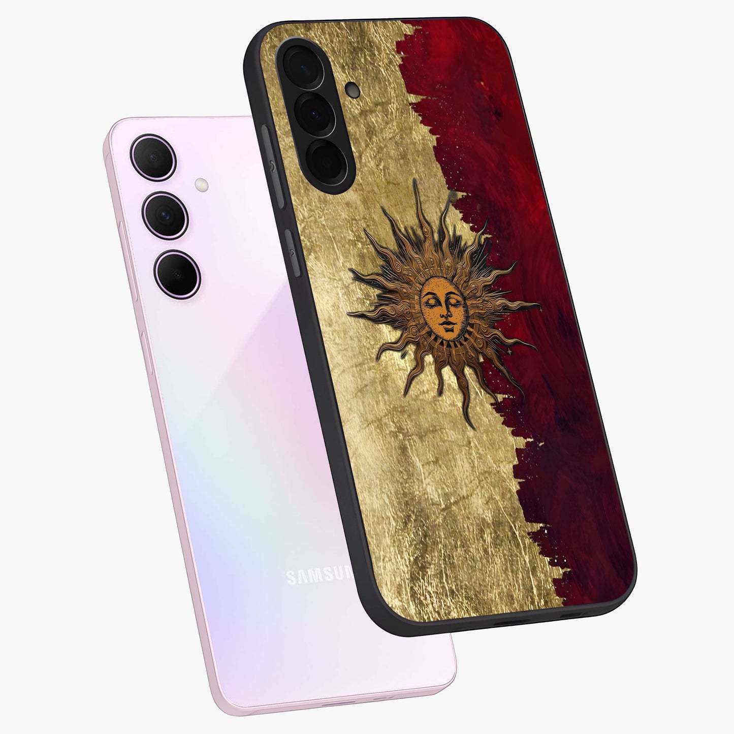 Crimson Sun Majesty Glass Case displayed in angled mockup highlighting majestic crimson sun design with bold aesthetic style.