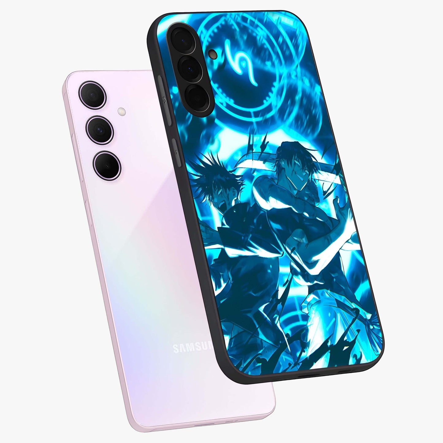 Cursed Energy Clash Glass Case displayed in angled mockup highlighting powerful battle inspired graphic with anime style aesthetic.