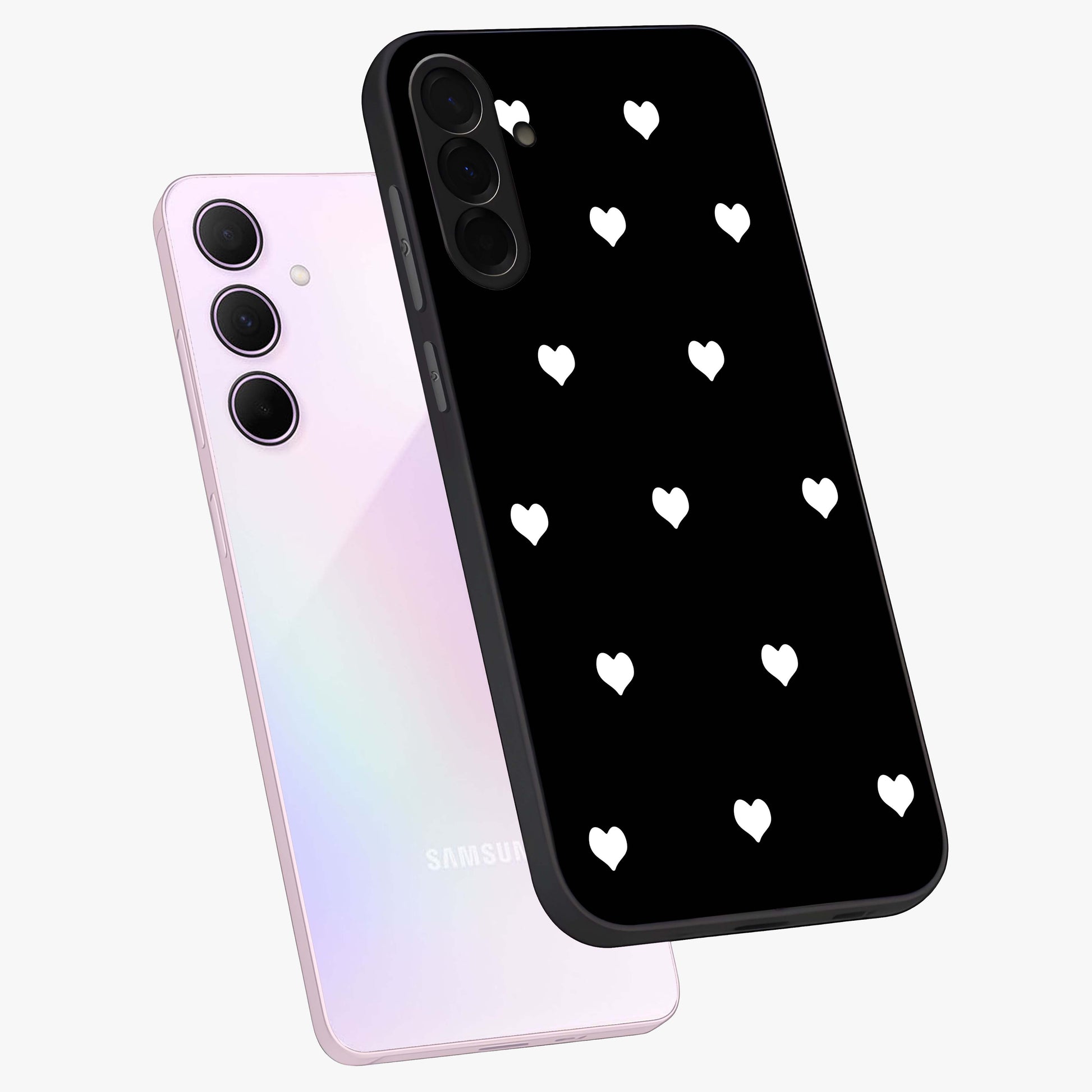 Cute And Simple White Hearts Glass Case displayed in angled mockup highlighting cute heart design with clean aesthetic style.