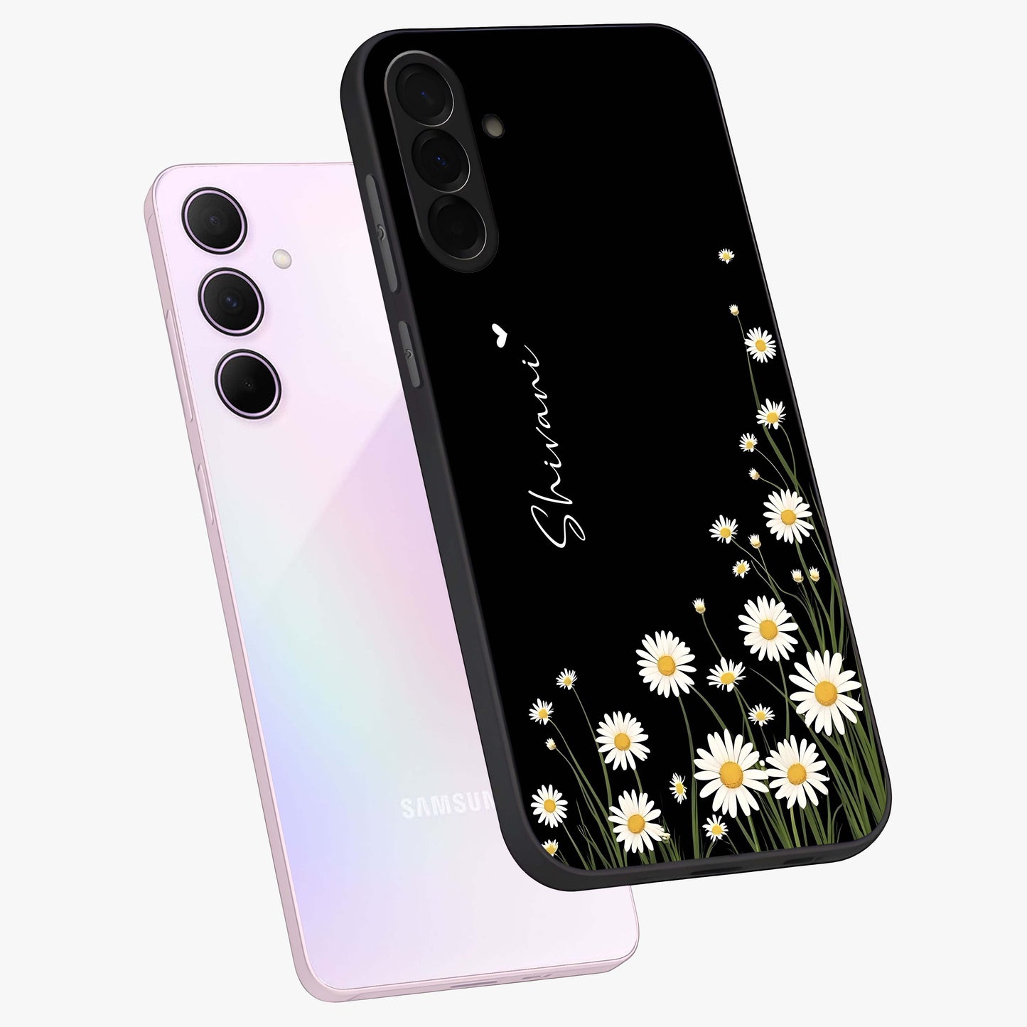 Daisy Cascade Custom Name Glass Case displayed in angled mockup highlighting delicate daisy artwork with custom name feature.