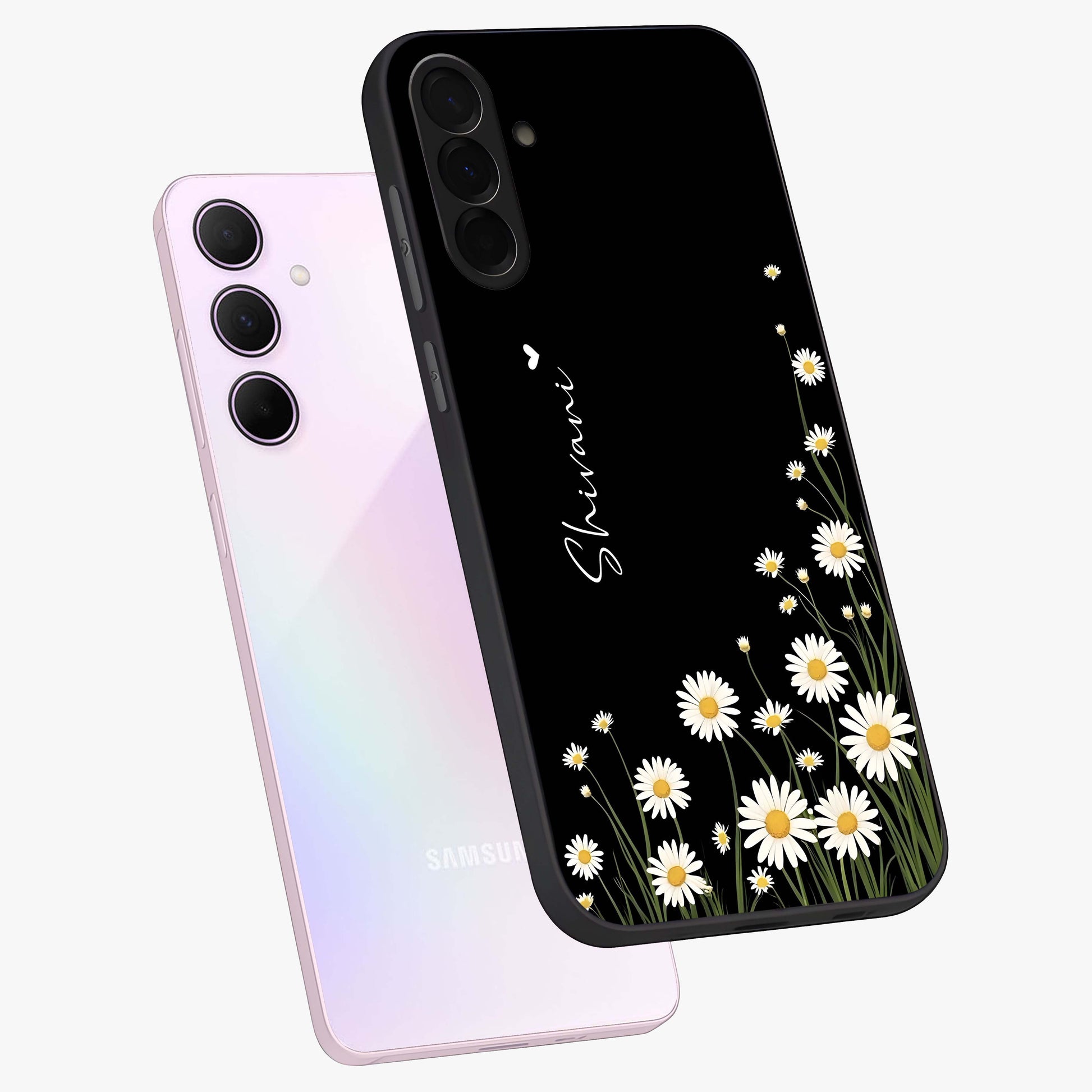 Daisy Cascade Custom Name Glass Case displayed in angled mockup highlighting delicate daisy artwork with custom name feature.