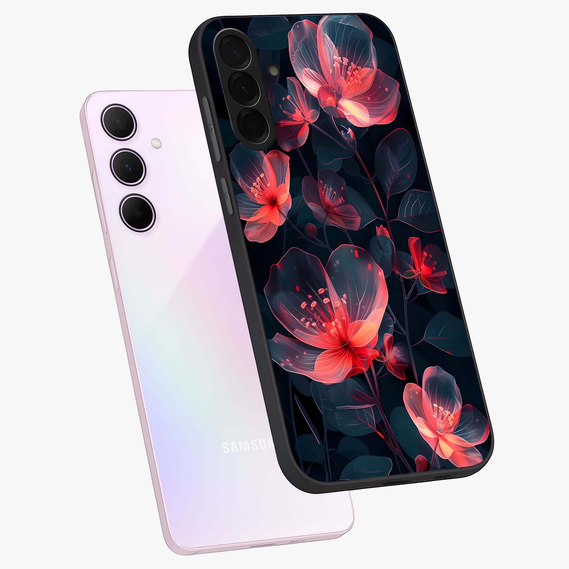 Dark Shade of Flower Glass Case displayed in angled mockup highlighting moody floral illustration with aesthetic dark tones.