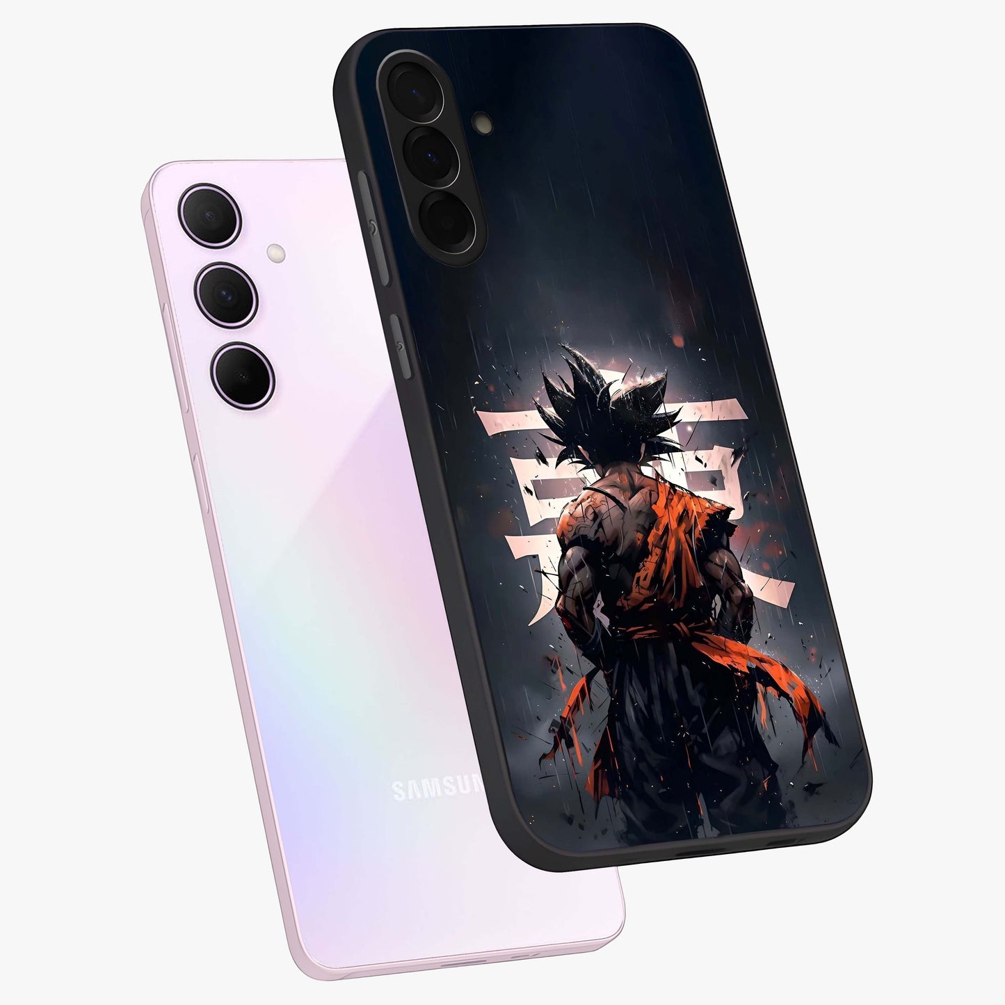 Dark Warrior In Rain Glass Case displayed in angled mockup highlighting dramatic warrior illustration with dark rain aesthetic.