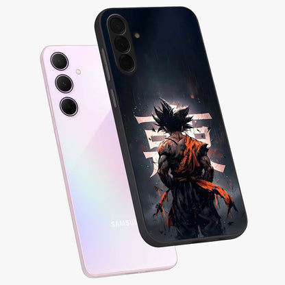 Dark Warrior In Rain Glass Case displayed in angled mockup highlighting dramatic warrior illustration with dark rain aesthetic.