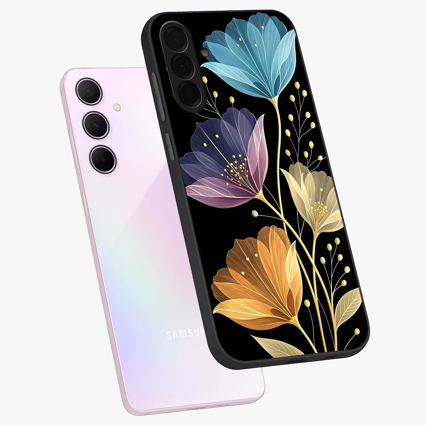 Delicate Multicolor Flowers Glass Case displayed in angled mockup highlighting colorful flower pattern with soft aesthetic style.