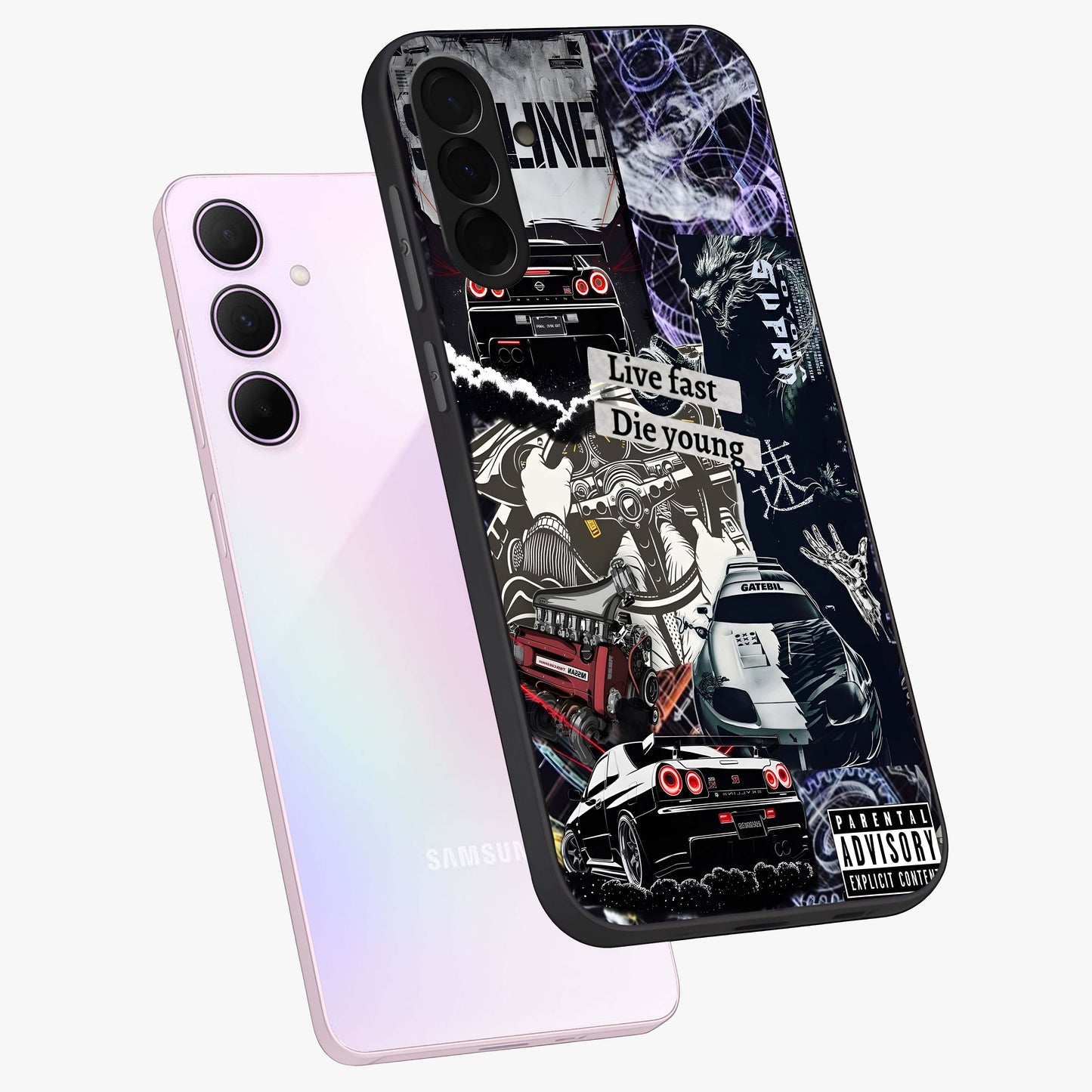 Die Young Glass Case displayed in angled mockup highlighting expressive graphic artwork with edgy aesthetic style.