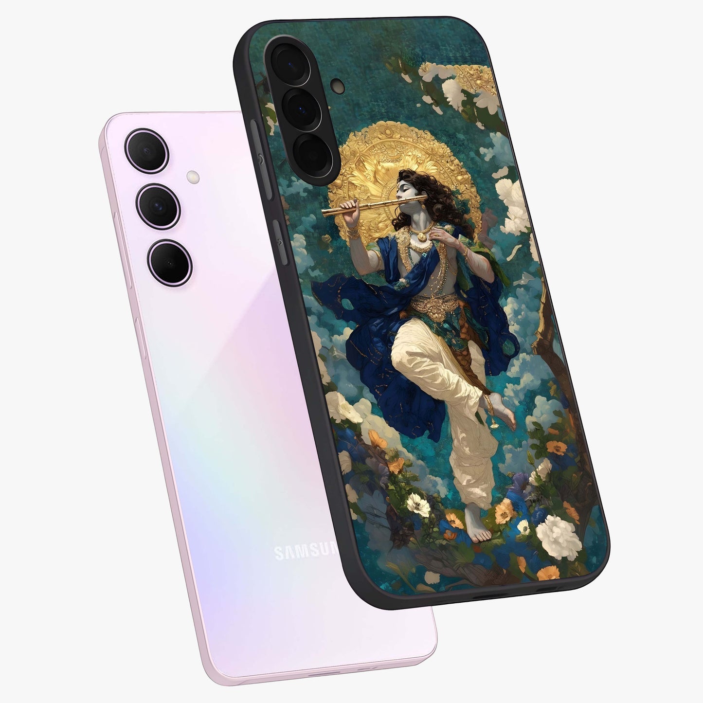 Divine Krishna Art Glass Case displayed in angled mockup highlighting spiritual Krishna illustration with devotional aesthetic.