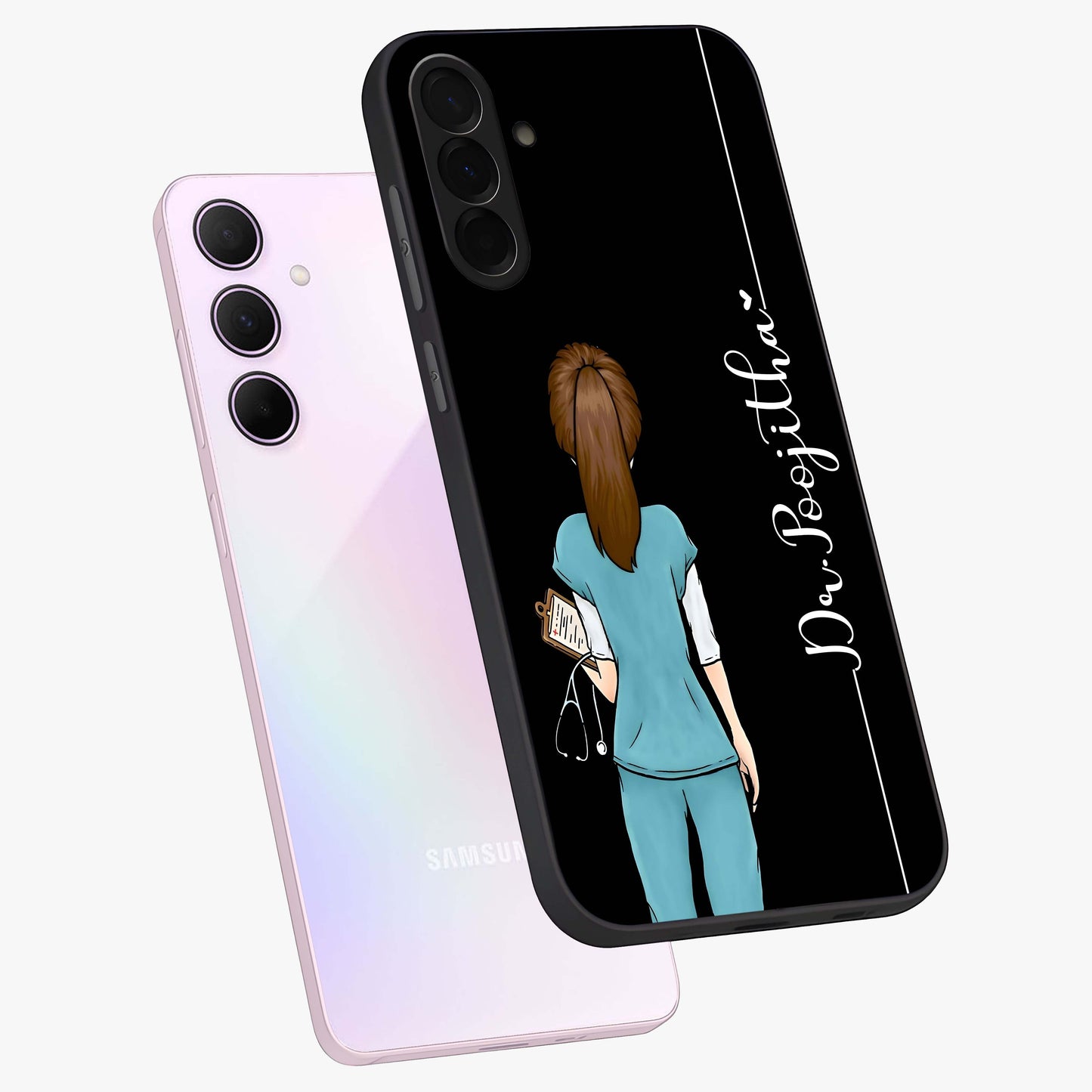 Doctor Pattern Custom Name Glass Case displayed in angled mockup highlighting doctor inspired artwork with custom name feature.
