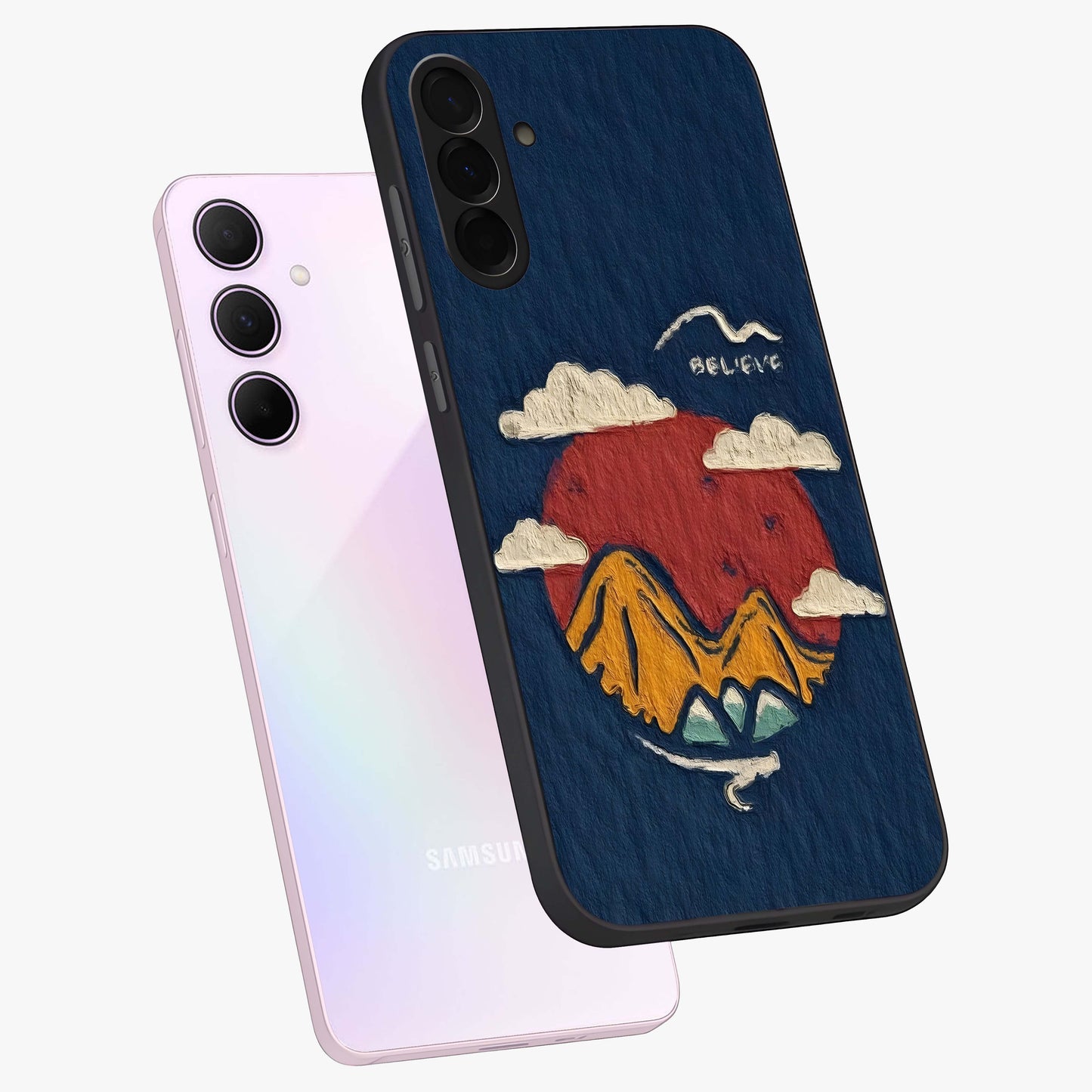 Dream Beyond Mountains Glass Case displayed in angled mockup highlighting dreamy mountain illustration with peaceful aesthetic.