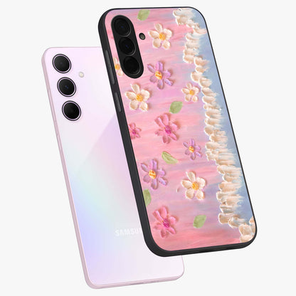 Dreamy Painted Garden Glass Case displayed in angled mockup highlighting colorful garden illustration with dreamy aesthetic style.