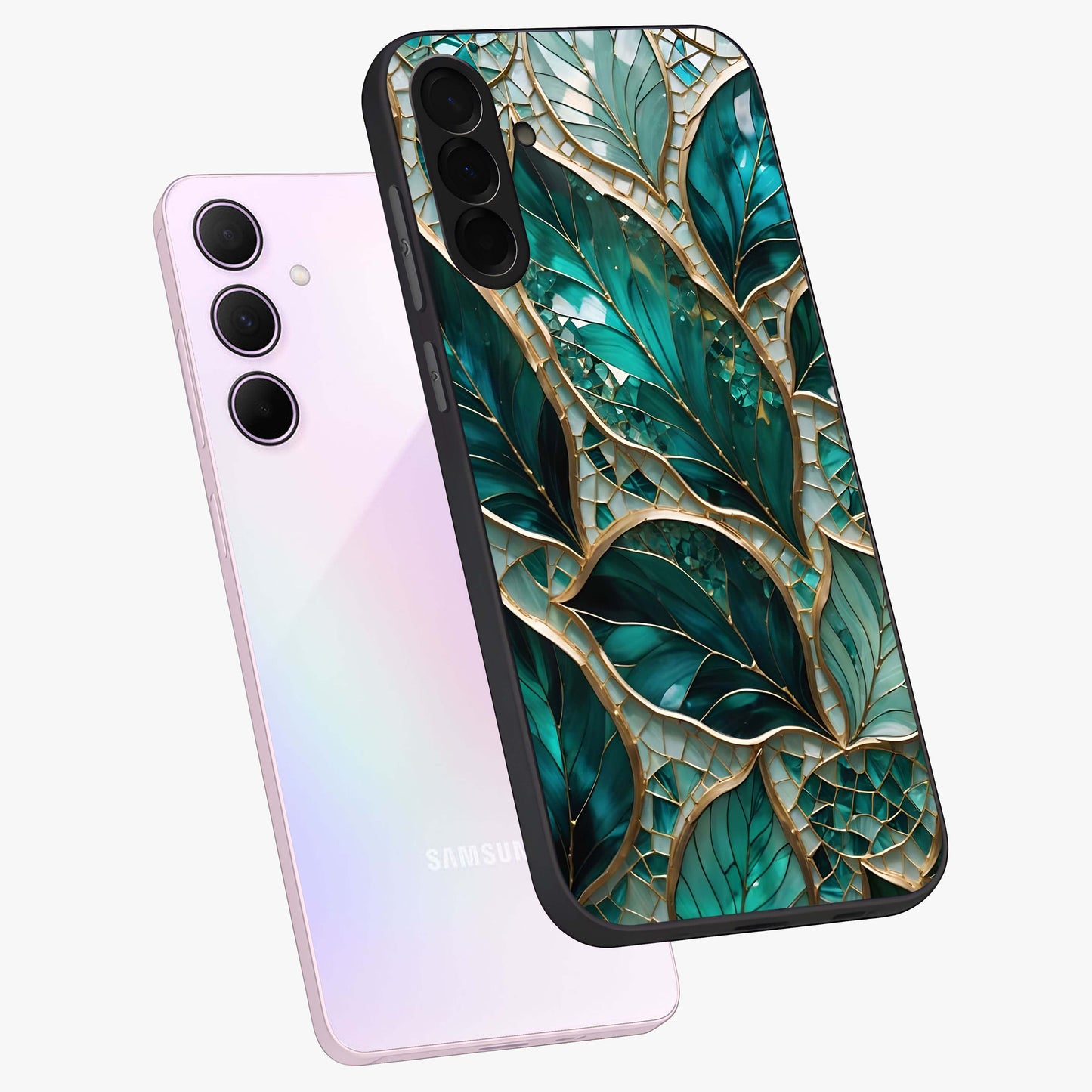 Emerald Leaf Glass Glass Case displayed in angled mockup highlighting botanical leaf illustration with elegant natural aesthetic.