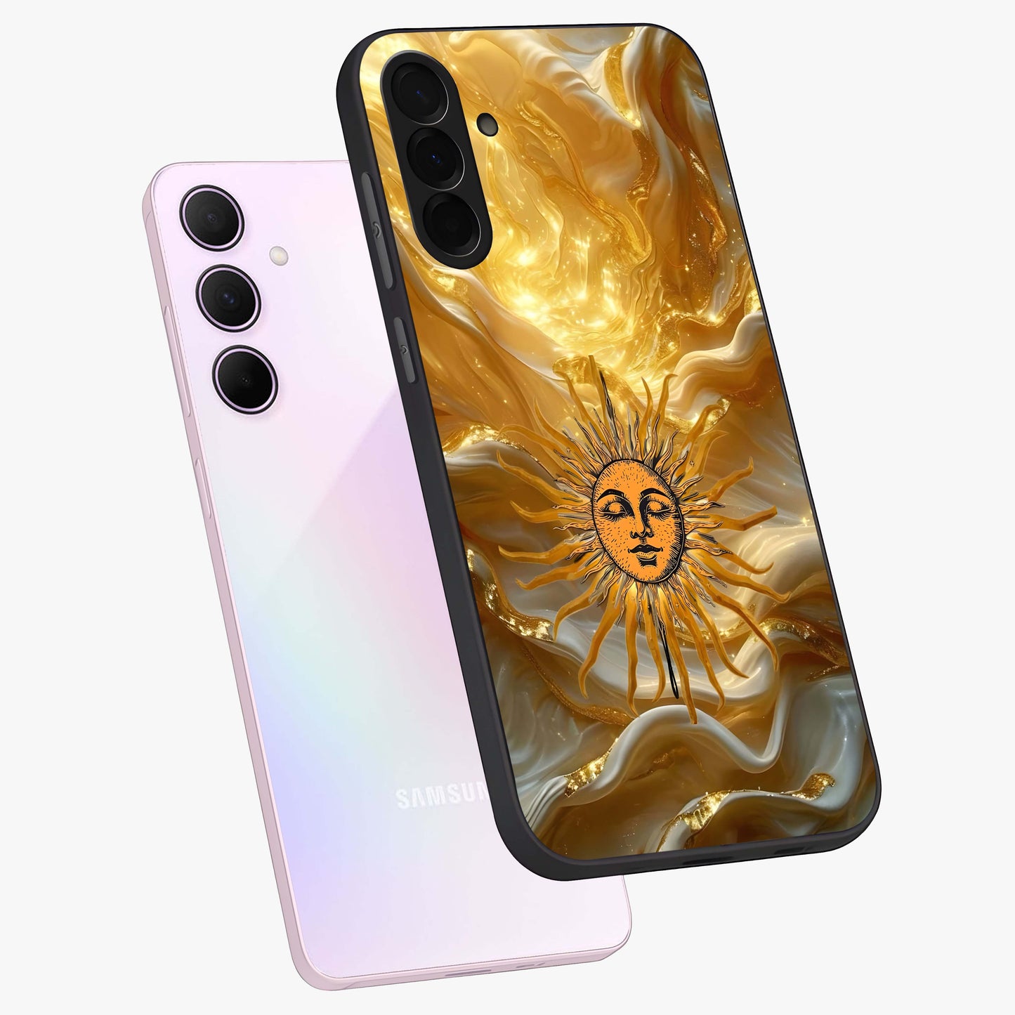 Eternal Golden Glow Glass Case displayed in angled mockup highlighting glowing golden aesthetic design with elegant style.