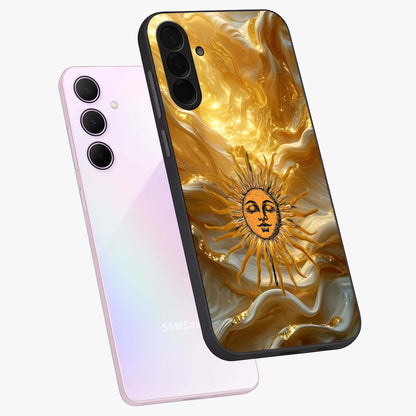 Eternal Golden Glow Glass Case displayed in angled mockup highlighting glowing golden aesthetic design with elegant style.