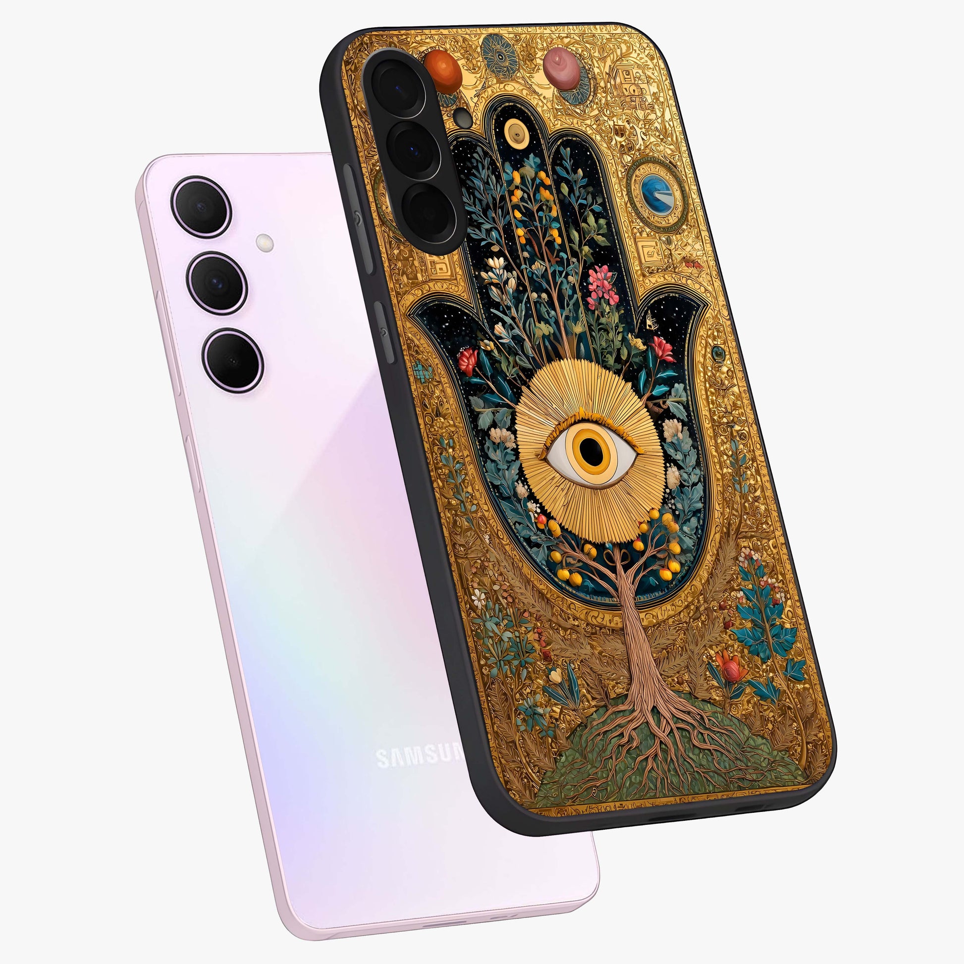 Ethereal Evil Eye Glass Case displayed in angled mockup highlighting protective evil eye symbol with spiritual aesthetic design.
