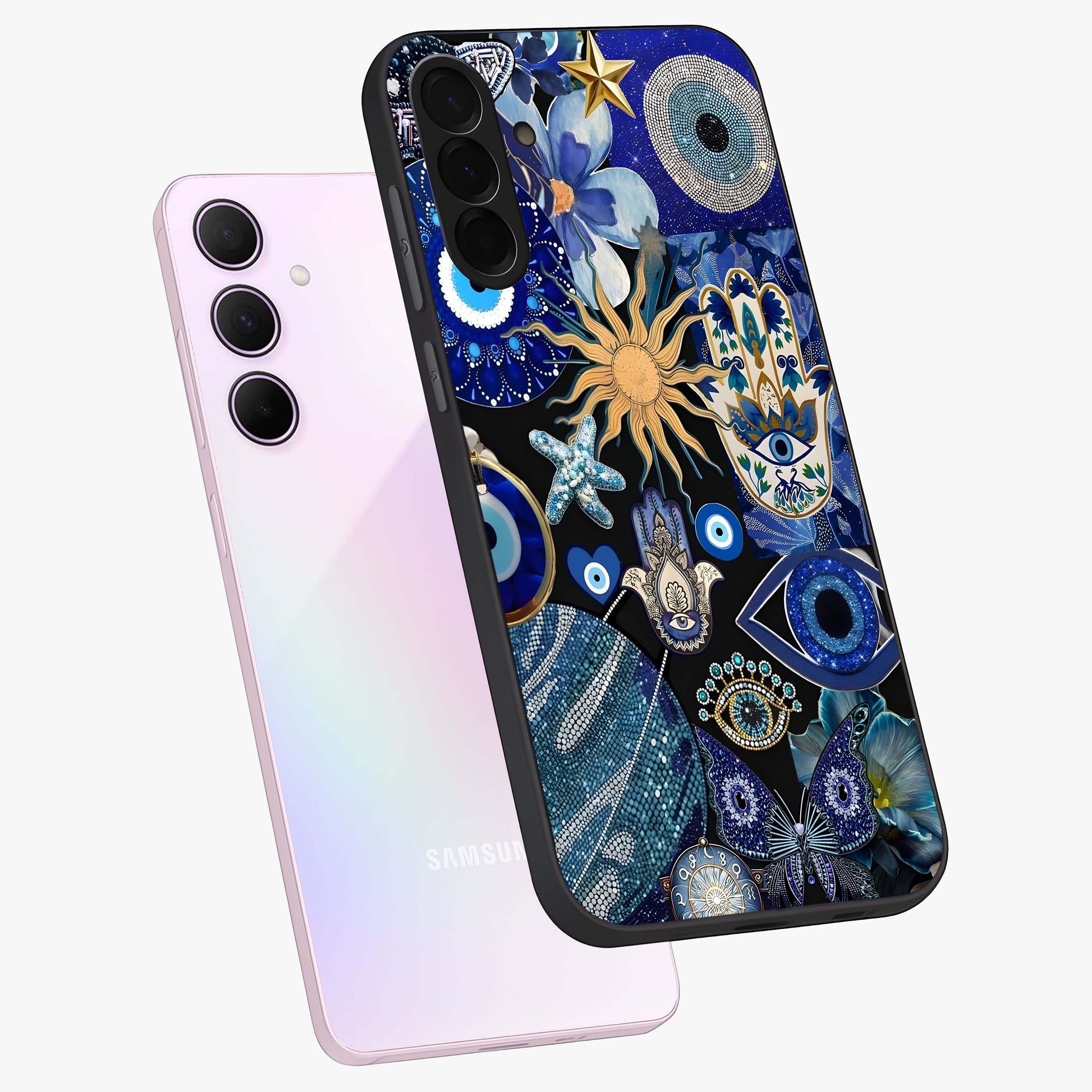 Evil Eye Charm Mix Glass Case displayed in angled mockup highlighting protective evil eye symbols with spiritual aesthetic design.