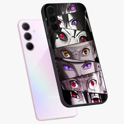 Eyes of Destiny Glass Case displayed in angled mockup highlighting bold eye illustration with mystical aesthetic style.