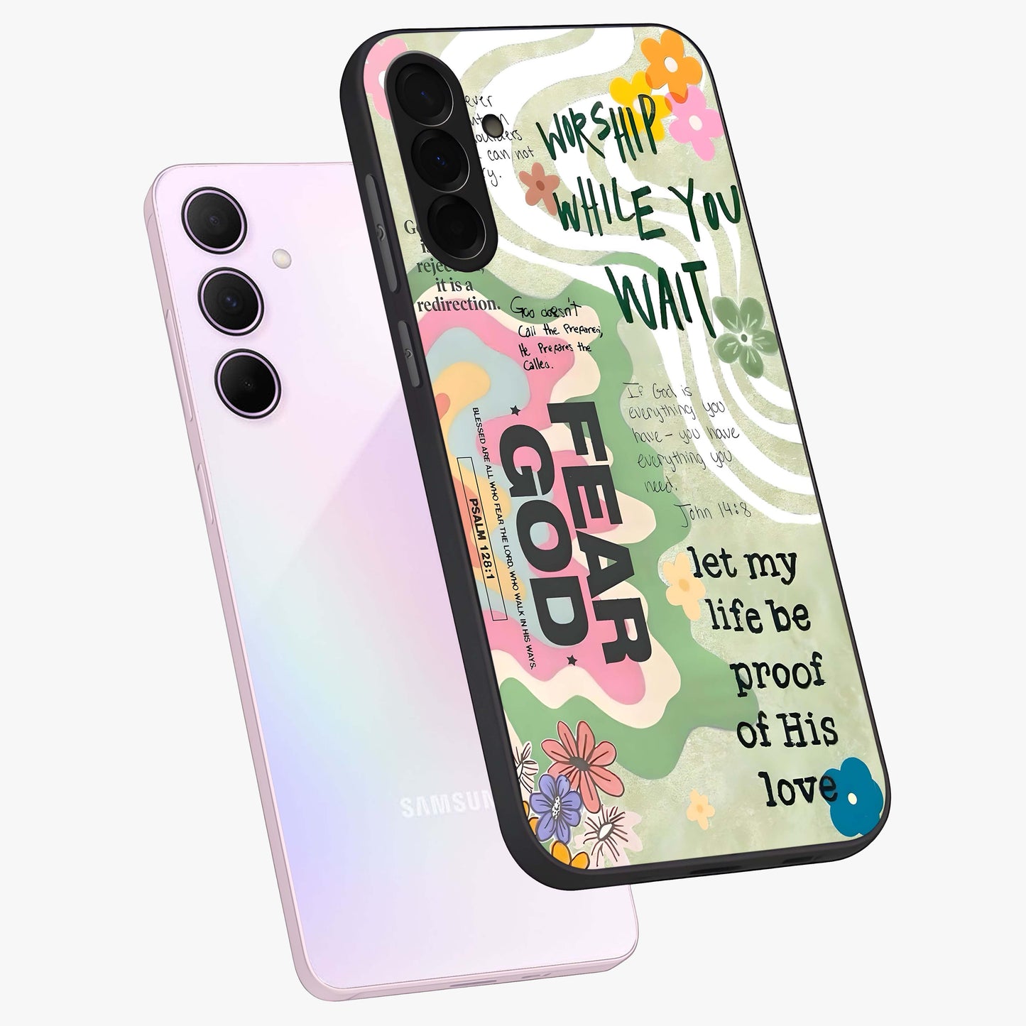 Faith Over Fear Glass Case displayed in angled mockup highlighting inspirational message design with modern aesthetic style.