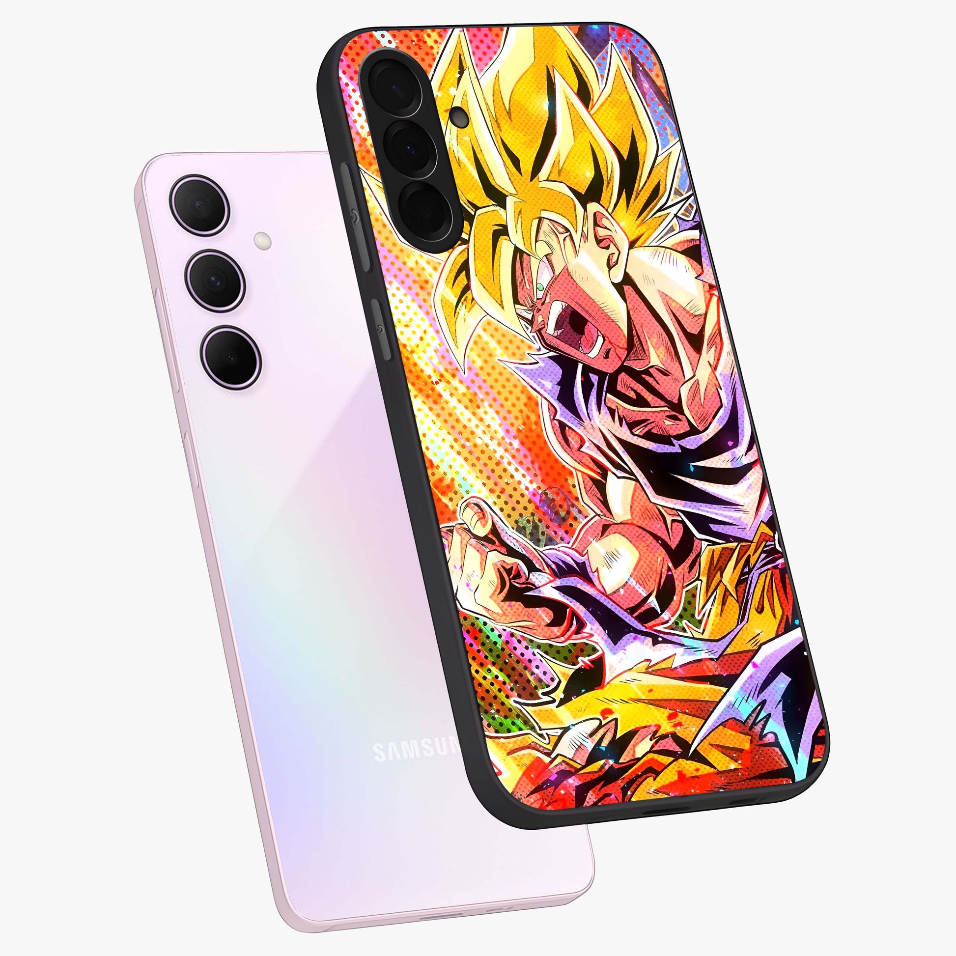 Firing Goku Glass Case displayed in angled mockup highlighting dynamic anime character design with action aesthetic.