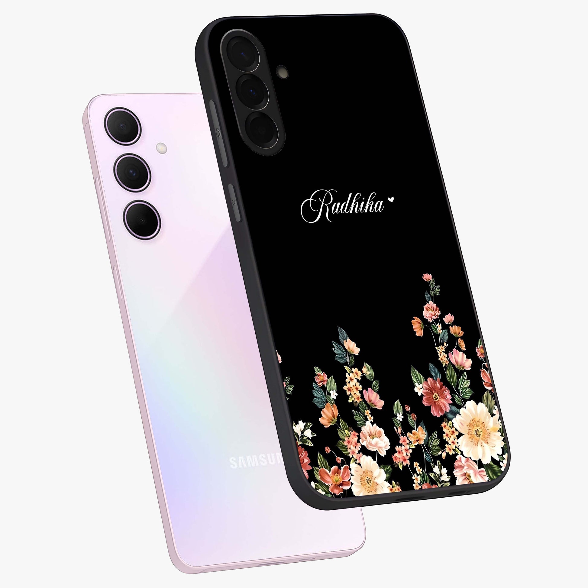 Floral Design With a Custom Personalized Name Glass Case displayed in angled mockup highlighting elegant floral pattern with custom name feature.