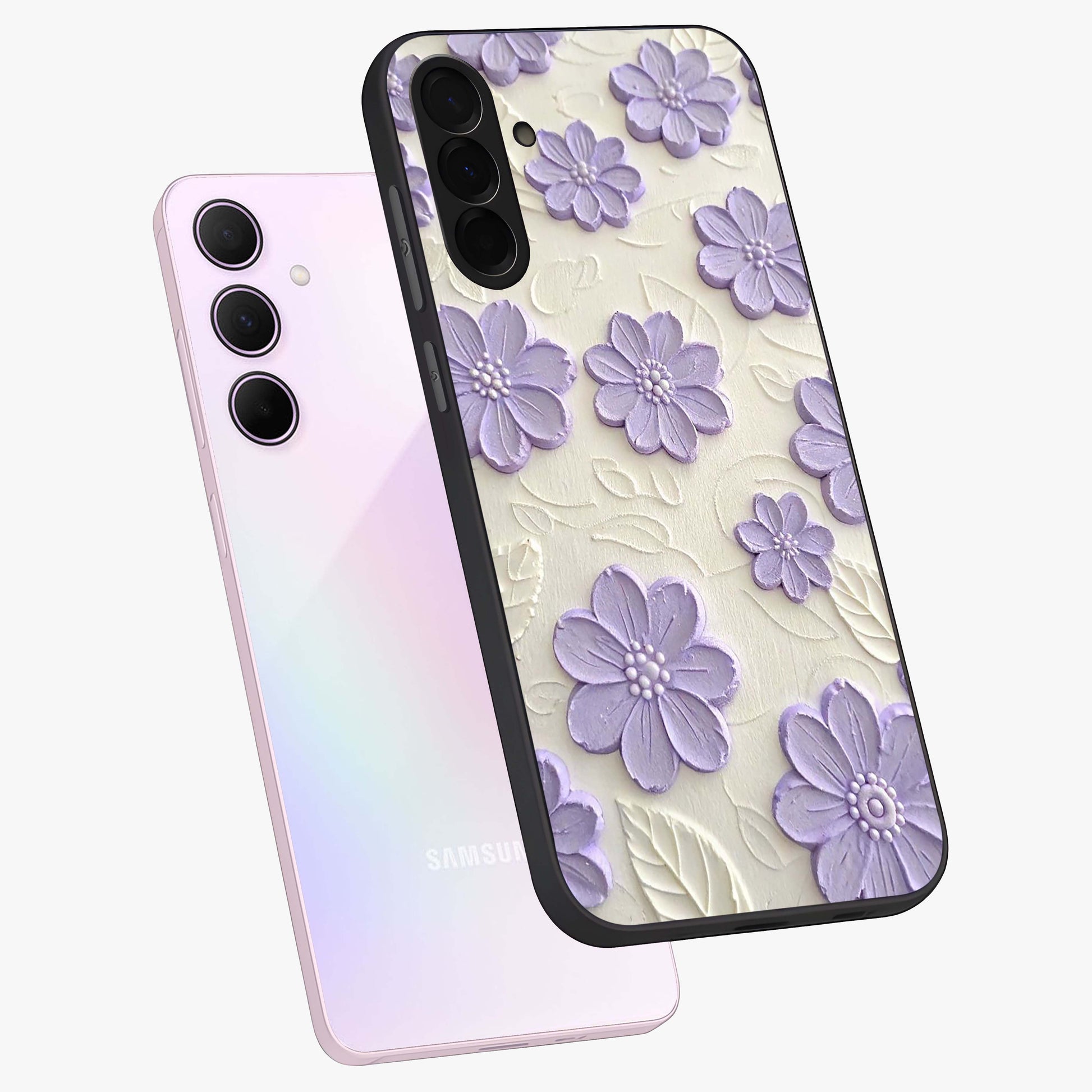 Floral Wall Art With Purple Flowers Glass Case displayed in angled mockup highlighting vibrant purple floral illustration with artistic aesthetic.